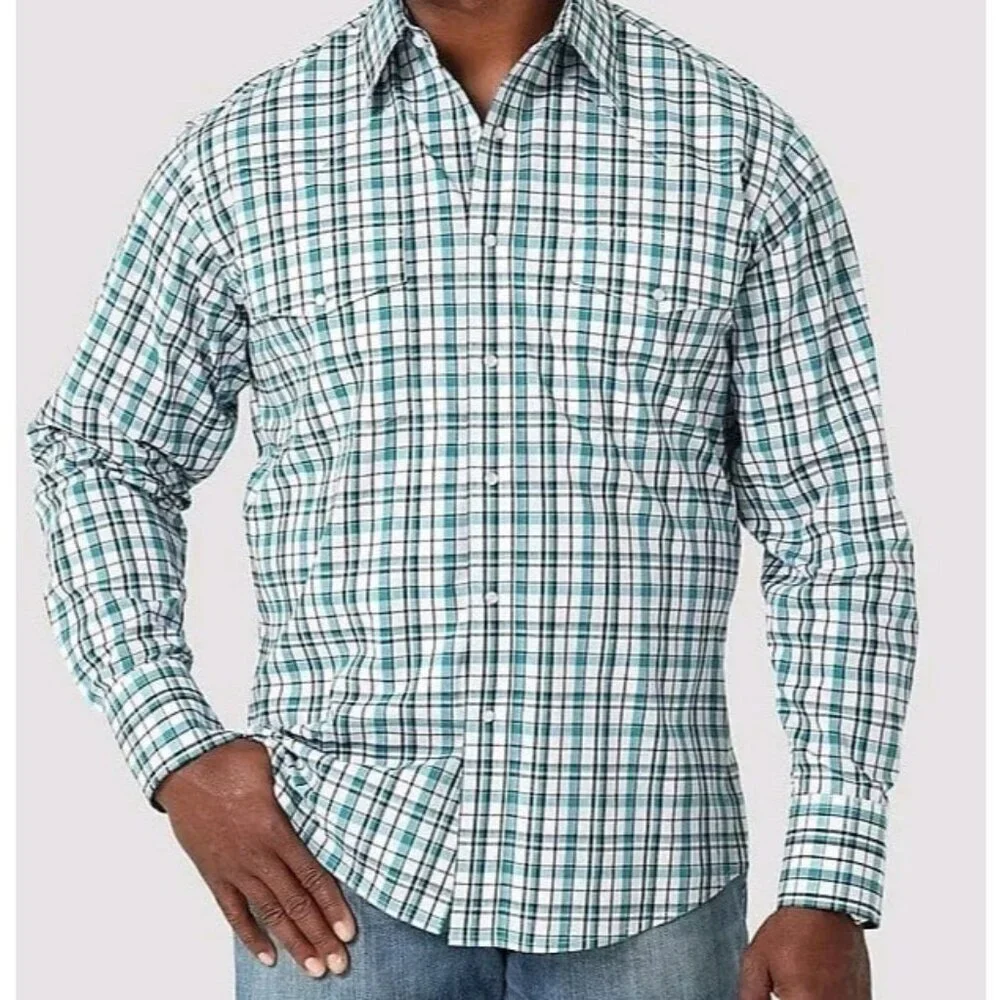 Wrangler Shirt 2XL Teal White Western Pearl Snap Long Sleeve Check Plaid - Picture 3 of 9